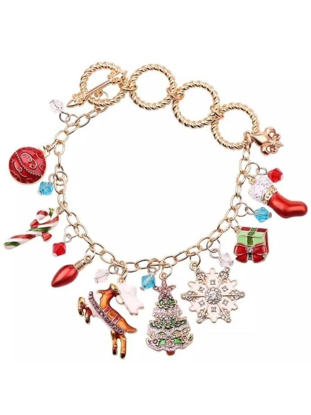 Christmas Themed Enamel and Rhinestone Charm Bracelet
